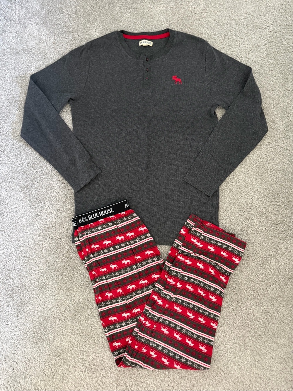 Men's Charcoal Henley with Red Gray Moose pajama pants, holiday, Christmas